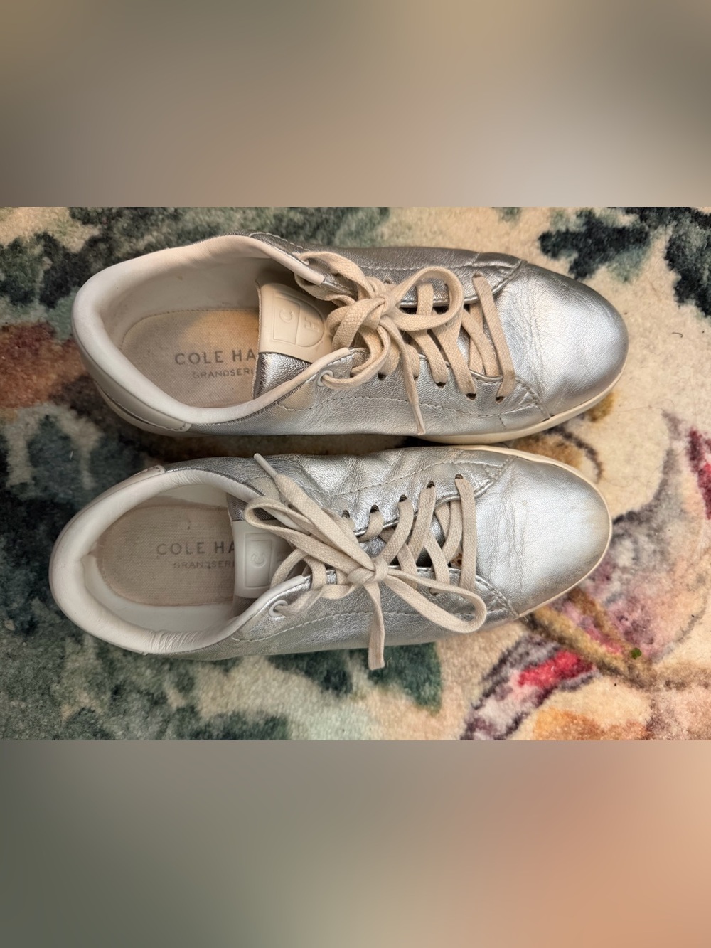 Cole Haan Metallic Silver Leather Lace-Up Sneakers